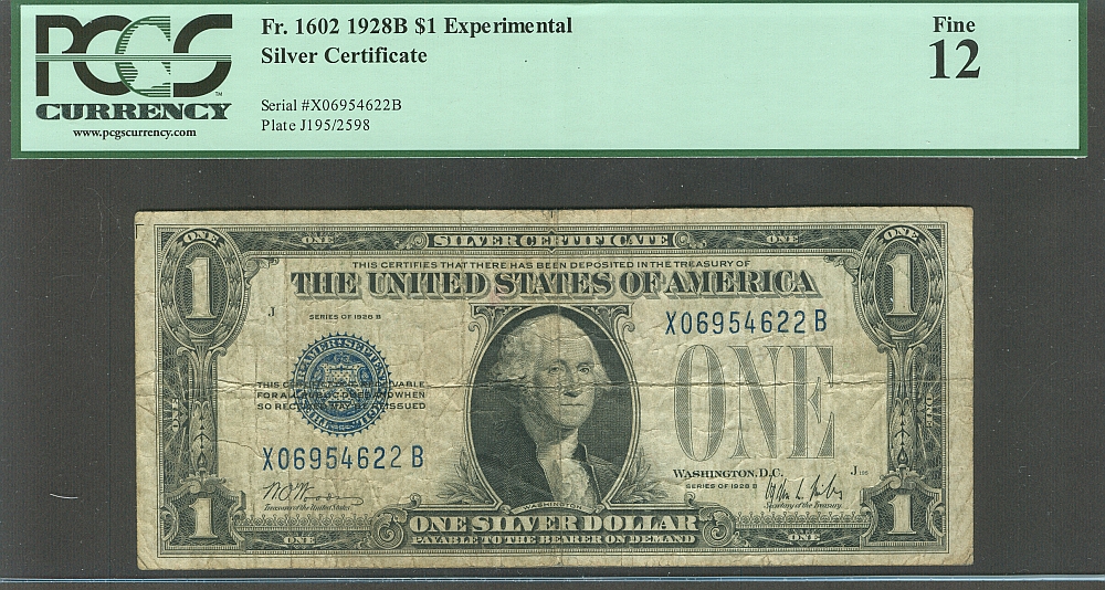 Fr.1602, 1928B $1 Silver Certificate, X-B Block Experimental Note, PCGS-12
